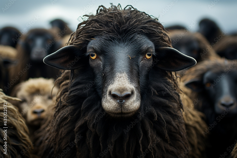 a portrait of a black and white sheep on the farm a portrait of a black and white sheep on the farm