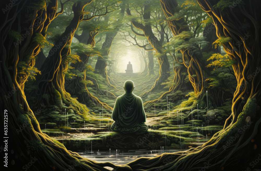 Fototapeta premium A monk meditating in a deep forest created by generative AI technology.