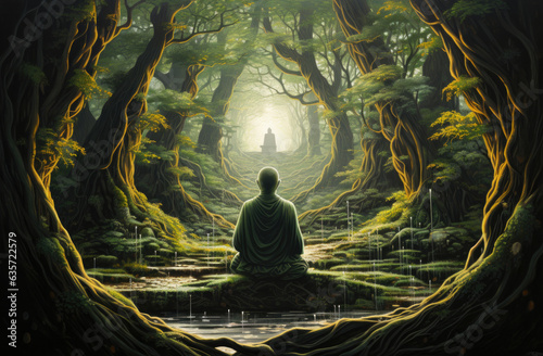 A monk meditating in a deep forest created by generative AI technology.