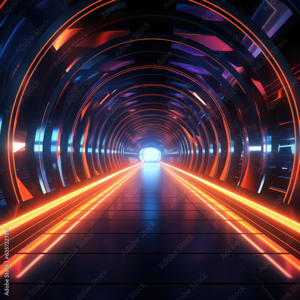 3d abstract background, futuristic tunnel corridor, neon lights created by generative AI technology.