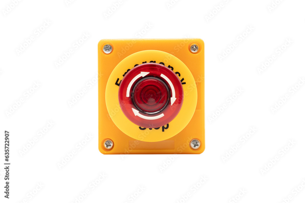 Emergency Stop Button isolated on white background with clipping path. Emergency stop button. Big Red emergency button or stop button for manual pressing. Emergency Stop Button isolated on white background with clipping path. Emergency stop button. Big Red emergency button or stop button for manual pressing.