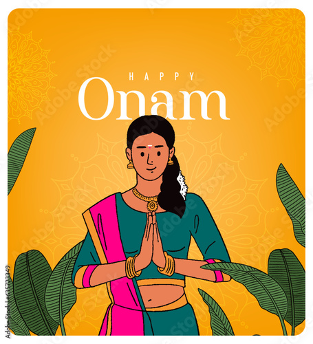 South Indian women celebrate the Onam festival with editable vector illustrations for website banners, greeting cards, and packaging.  photo