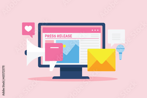 Online newspaper publication on computer screen, mass media digital communication press release company news concept, vector illustration.