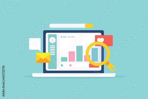 Marketing report, business data and financial statistics on laptop screen, AI driven analytical software displays market insights, customer data or company growth graph conceptual vector banner.
