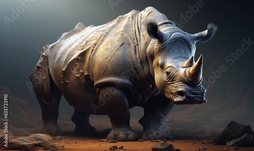 Photo of a majestic rhinoceros standing in a barren desert landscape