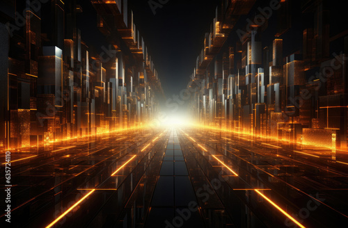 Futuristic corridor with glowing lights in the dark. 3D created by generative AI technology.