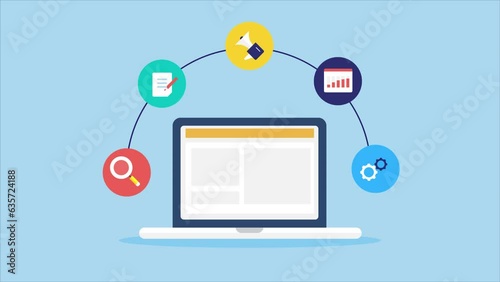 Digital marketing cartoon style infographic explainer 2d animation video including SEO, content strategy, social media and data analytics conceptual animated presentation.