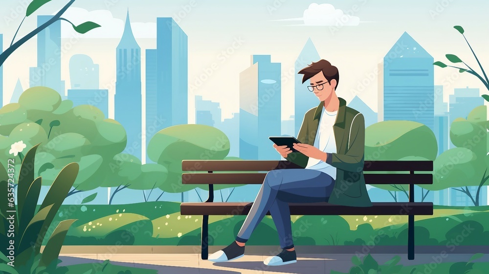 An illustration of a man sitting on a bench in park with cityscape background AI Generated An illustration of a man sitting on a bench in park with cityscape background AI Generated