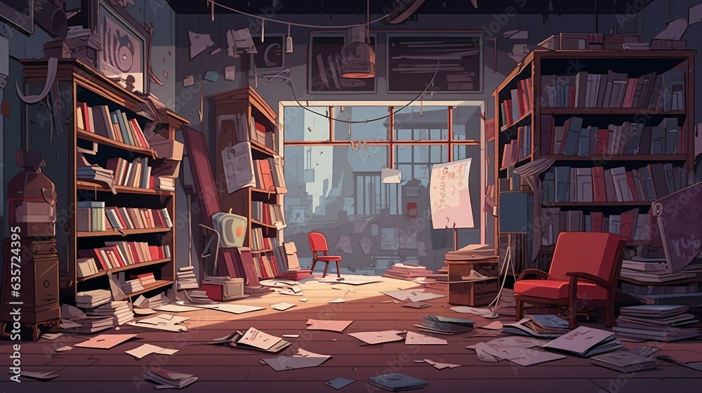 An illustration of a messy library with books and chairs AI Generated - obrazy, fototapety, plakaty 