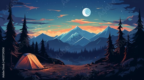 An illustration of a tent in the mountains at night AI Generated © stocksbyrs