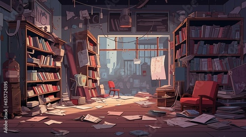 An illustration of a messy library with books and chairs AI Generated