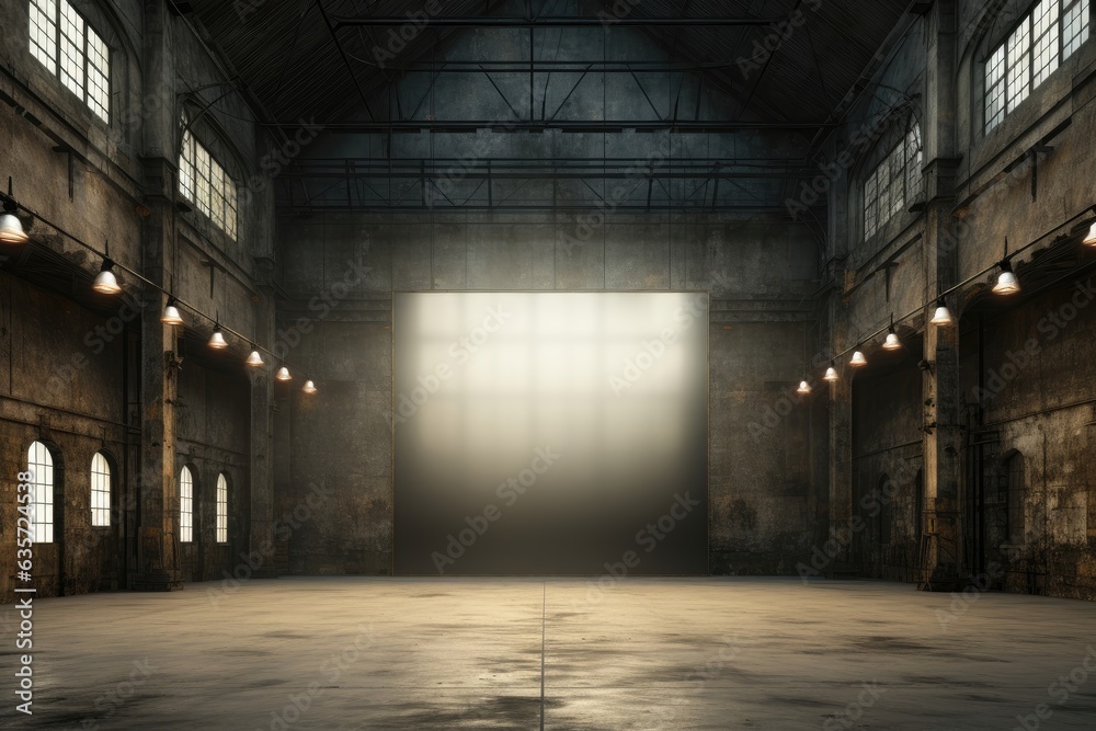 A massive mockup taking center stage on a concrete wall, bathed in the beam of a spotlight, within the walls of an abandoned industrial factory. Photorealistic illustration, Generative AI