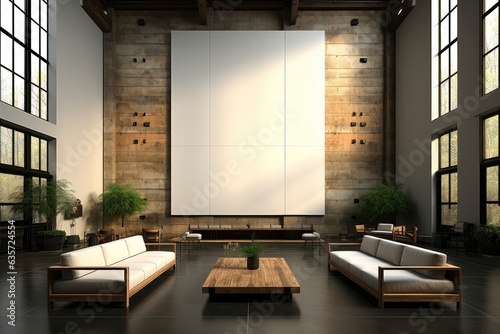 A massive mockup canvas hanging on a concrete wall within a high-ceilinged lobby, accompanied by wood furniture. Photorealistic illustration, Generative AI