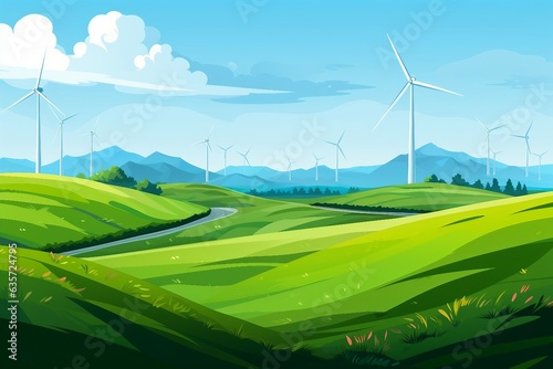 An illustration of a wind turbines in the green hills AI Generated