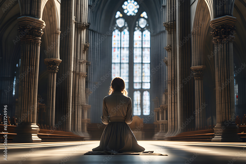 the back of a woman kneeling and praying inside the cathedral. Generative AI