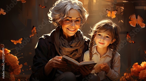 A great-grandmother is sitting on a bench with her grandchildren and reading a book - the concept of a generational family. Generative AI