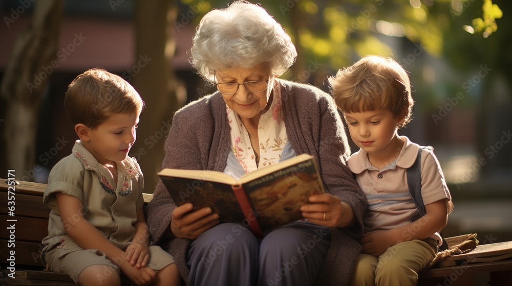 A great-grandmother is sitting on a bench with her grandchildren and reading a book - the concept of a generational family. Generative AI A great-grandmother is sitting on a bench with her grandchildren and reading a book - the concept of a generational family. Generative AI