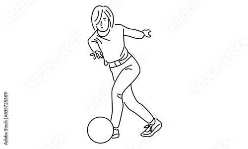 line art of bowling player woman throw ball to hit bowling pins