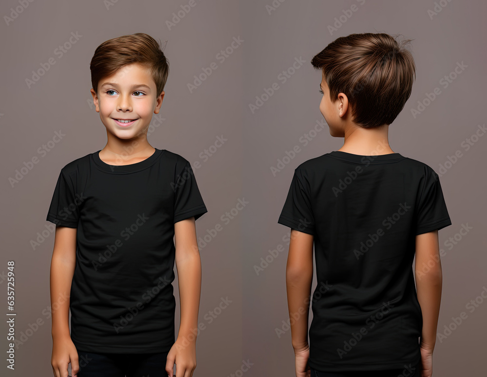 Front and back views of a little boy wearing a black T-shirt Front and back views of a little boy wearing a black T-shirt