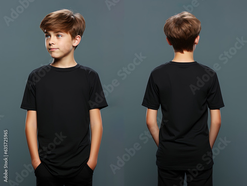 Front and back views of a little boy wearing a black T-shirt