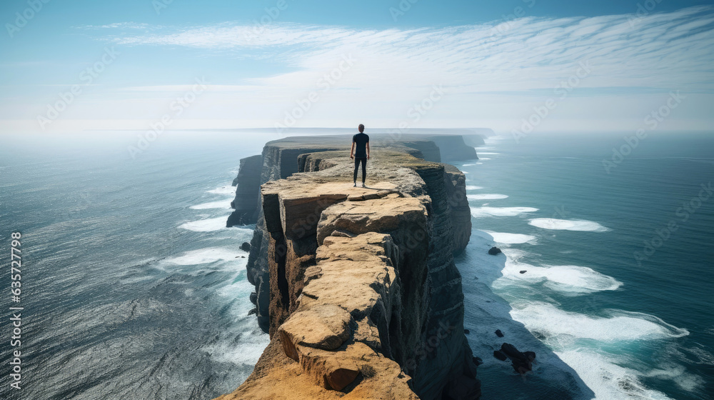 Sometimes all you need is a different perspective. Person standing at the edge of a cliff, looking out at the vastness of the world below, with a clear path stretching out before them. Generative AI - obrazy, fototapety, plakaty 