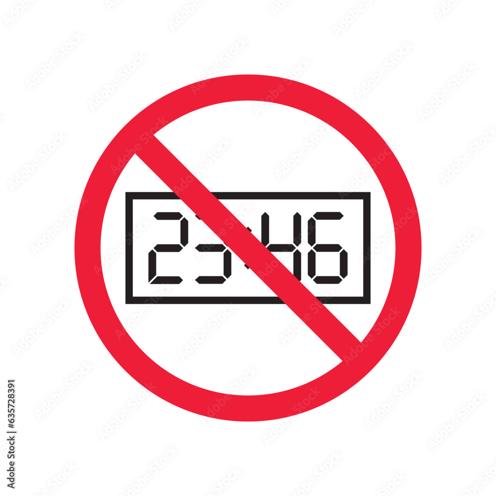 Forbidden digital clock vector icon. Warning, caution, attention, restriction, label, ban, danger. No digital clock flat sign design pictogram symbol. No digital timer icon Forbidden digital clock vector icon. Warning, caution, attention, restriction, label, ban, danger. No digital clock flat sign design pictogram symbol. No digital timer icon