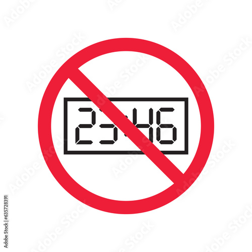 Forbidden digital clock vector icon. Warning  caution  attention  restriction  label  ban  danger. No digital clock flat sign design pictogram symbol. No digital timer icon