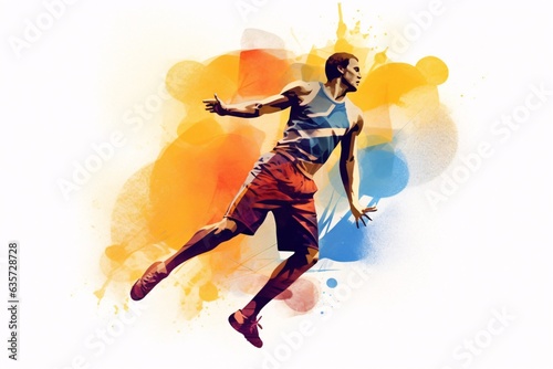 Young man running against colorful watercolor splashes. Sport illustration.