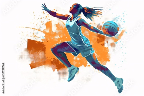 Female basketball player with ball. Grunge background. Vector illustration. © vachom