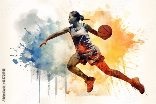Female basketball player with ball. Grunge background. Vector illustration.