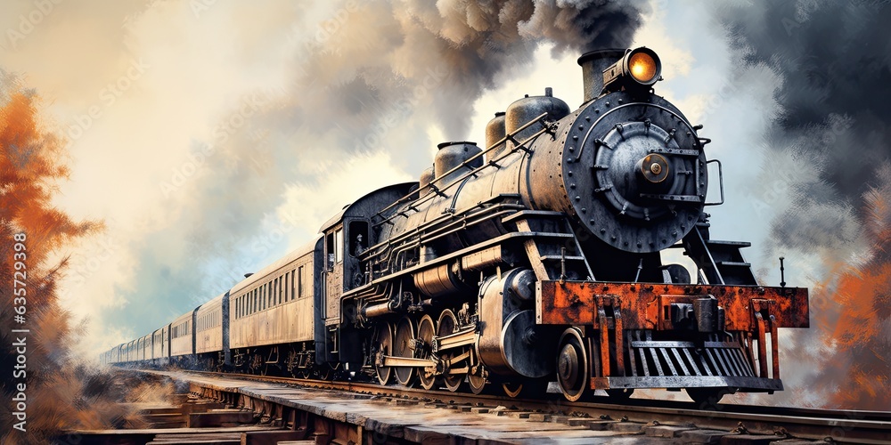 illustration of an ancient steam locomotive, generative AI