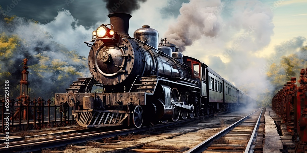 illustration of an ancient steam locomotive, generative AI