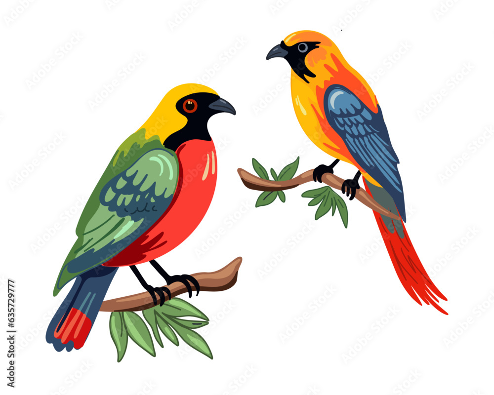 A pair of beautiful and bright tropical birds on a branch on a white background. Vector illustration A pair of beautiful and bright tropical birds on a branch on a white background. Vector illustration