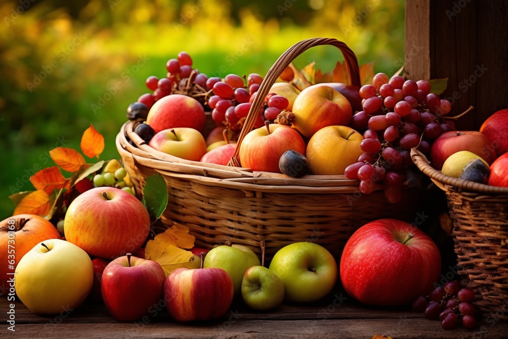 Autumn still life with apples, grapes and leaves in a basket Autumn still life with apples, grapes and leaves in a basket