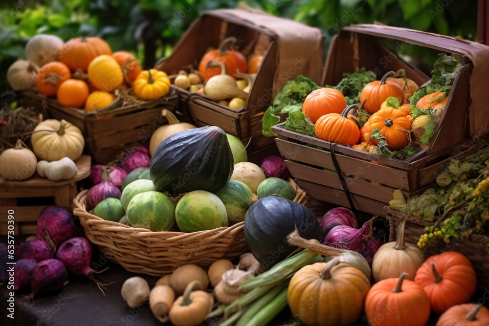 Bountiful harvest produce. Autumn background with pumpkins, apples and other seasonal vegetables. ruits and vegetables on the counter of a market in the city.. Autumn background.