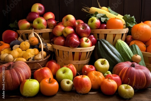 Bountiful harvest produce. Autumn background with pumpkins  apples and other seasonal vegetables. Autumn background. Autumn still life with pumpkins  fruits and vegetables on wooden background. 