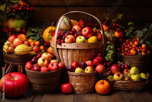 Bountiful harvest produce. Autumn background with pumpkins, apples and other seasonal vegetables. Autumn background. Autumn still life with pumpkins, fruits and vegetables on wooden background. 