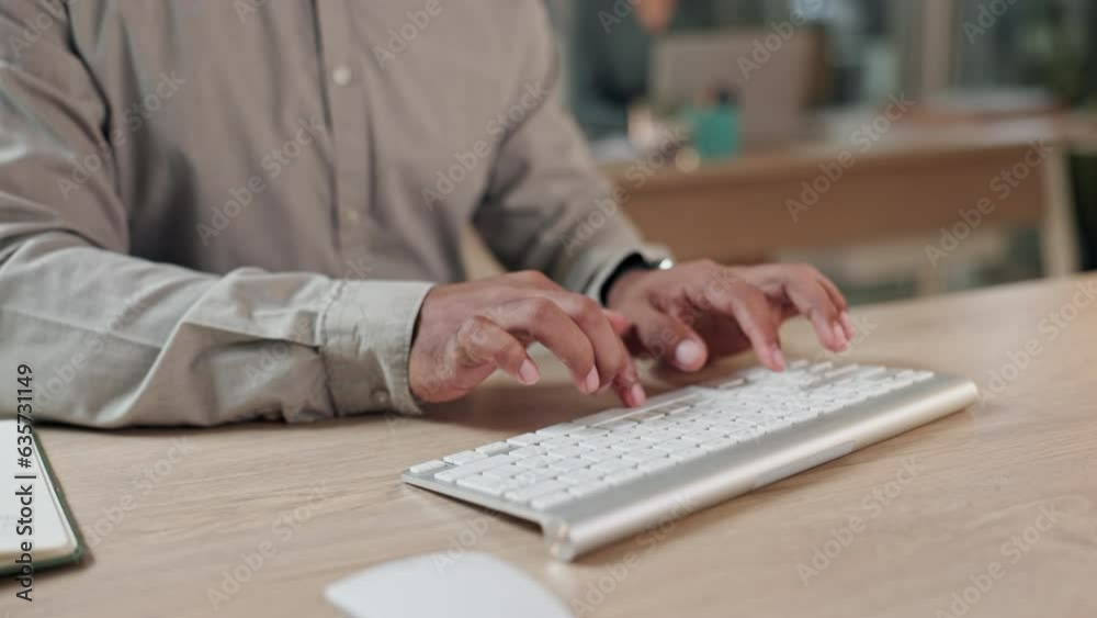 Man, hands and typing on keyboard for email, communication or research on office desk. Closeup of male person or employee working on computer keypad in online search, writing or chatting at workplace Man, hands and typing on keyboard for email, communication or research on office desk. Closeup of male person or employee working on computer keypad in online search, writing or chatting at workplace
