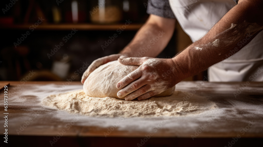 Beautiful and strong mens hands knead the dough make bread, pasta or pizza. Powdery flour flying into air. chef hands with flour in freeze motion of cloud of flour midair