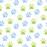 Dog paw seamless pattern. Blue and green puppy or cat paw track. Abstract dog endless animal background