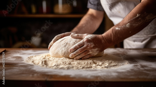 Beautiful and strong mens hands knead the dough make bread, pasta or pizza. Powdery flour flying into air. chef hands with flour in freeze motion of cloud of flour midair