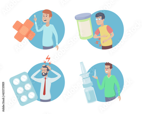 Medicine for different illnesses vector illustrations set. Men and boys suffering from headache, stomach pain, cold, cut on finger, using bandage, pills and nasal drops. Pharmacy, health concept