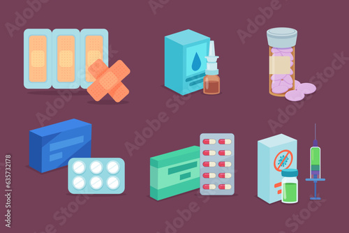 Medicine in different packages vector illustrations set. Bandage plasters, nasal drops, pills in bottle, vitamins, capsules and vaccine in syringe. Pharmacy, medicine, health care concept