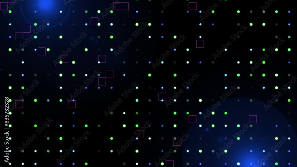 4K Randomly moving square and dots background with light leaks. Digital high technology dot square particle animation. The sci-fi movie, anime, cartoon. Seamless loop motion graphic. Geometric bg.
