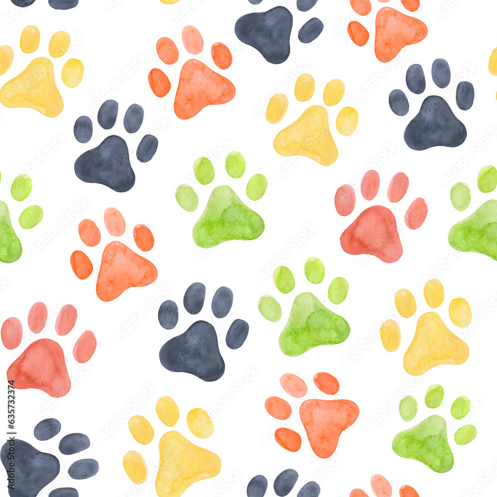 Fototapeta premium Dog paw seamless pattern. Multicoloured puppy or cat paw track. Abstract dog endless animal background