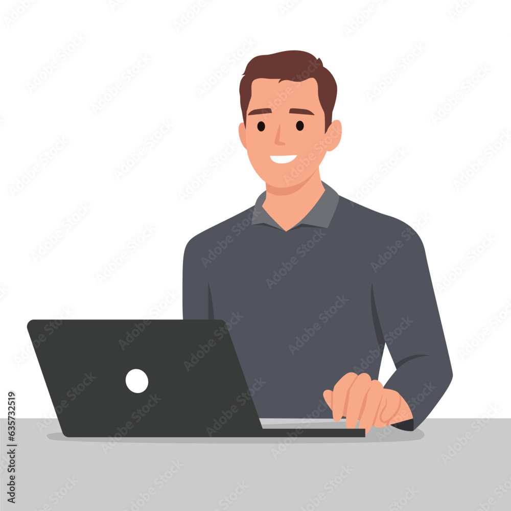 Business man entrepreneur in a suit working on a laptop computer at his clean and sleek office desk. Flat vector illustration isolated on white background Business man entrepreneur in a suit working on a laptop computer at his clean and sleek office desk. Flat vector illustration isolated on white background