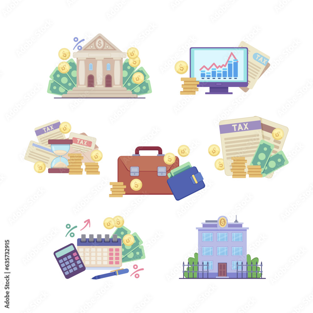 Financial buildings and elements vector illustrations set. Cartoon drawings of bank or financial institution, money, taxes, briefcase, calendar, stock chart. Finances, banking, taxation concept Financial buildings and elements vector illustrations set. Cartoon drawings of bank or financial institution, money, taxes, briefcase, calendar, stock chart. Finances, banking, taxation concept