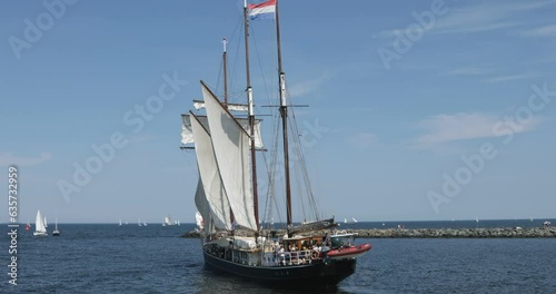 Sailing ship, beacon at the mouth of the Warnow, Hanse Sail, Warnemuende, Rostock, Mecklenburg-Vorpommern, Germany, Europe