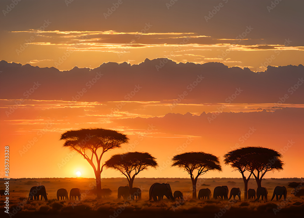 Nature wildlife landscape safari sunset with animals,Generative AI