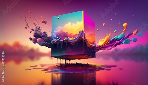Liquid paint cube colorful abstract background wallpaper, geometric modern design shape, isometric graphic illustration photo